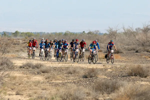 山骑自行车的赛车在沙漠道路上 — 图库照片