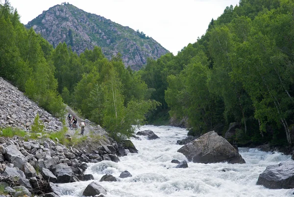 Trzy bickers i górskiej rzece — Zdjęcie stockowe
