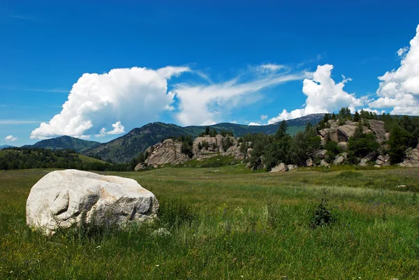 Rural mountain valley and big stone — Stock Photo, Image