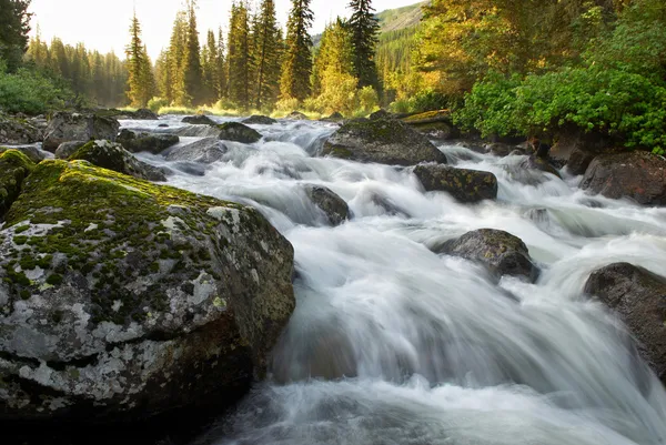 Zonsopgang en mountain stream stromen — Stockfoto