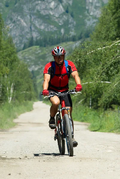 Mountainbiker en landelijke weg — Stockfoto