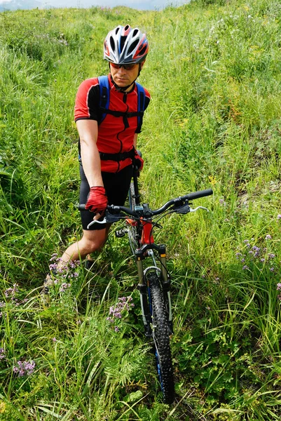 Ciclista de montaña espera en el campo verde — Foto de Stock