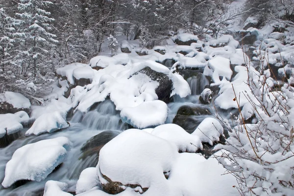 Insenatura invernale di montagna durante la nevicata — Foto Stock
