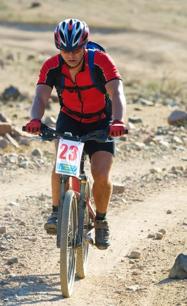 Mountainbike-åkaren racing i öknen — Stockfoto