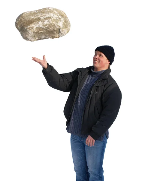 Erős ember nagy kő elszigetelt — Stock Fotó