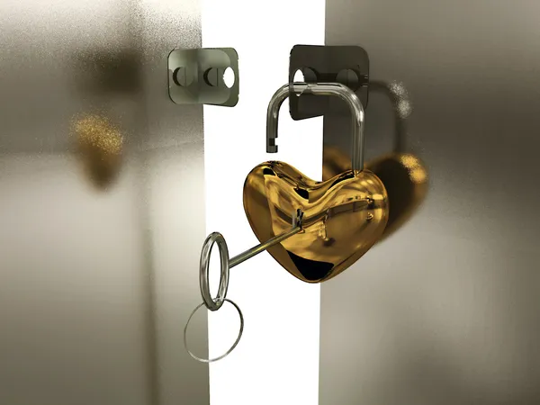 Heart-padlock with key on the gate — Stock Photo, Image
