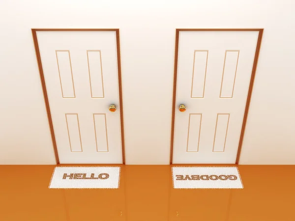 Dörrar med dörrmattor Hej och adjö — Stockfoto