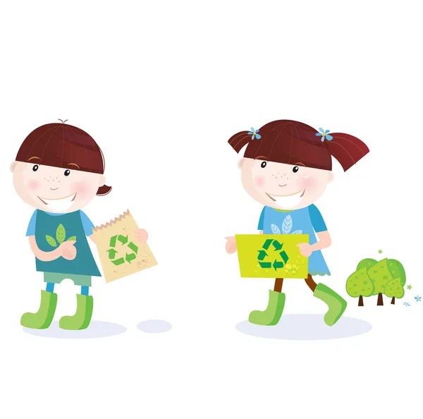 リサイクル シンボルと学校の子供 — ストックベクタ