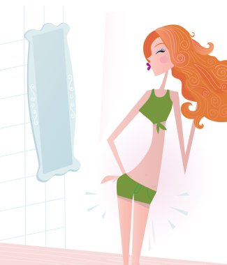 Slim girl is looking on her weight clipart