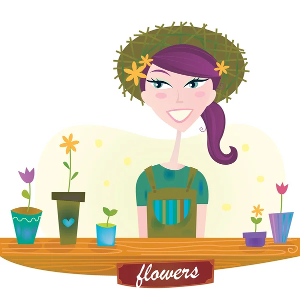 Vrouw met tuin Lentebloemen — Stockvector