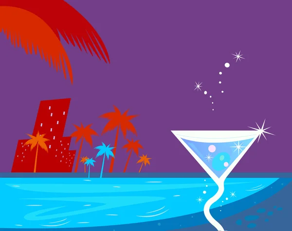 Cocktail glacé, palmiers, ville nocturne, eau — Image vectorielle