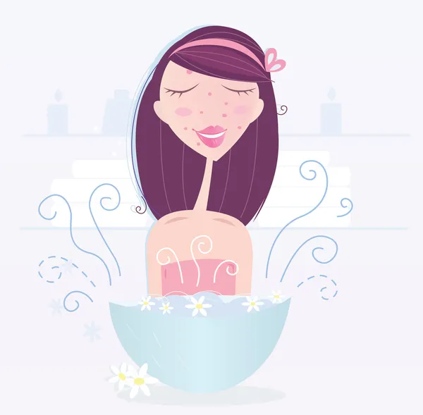 Woman is taking camomile skin care — Stock Vector