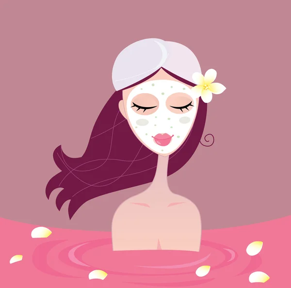 Спа-девушка отдыхает в красной цветочной ванне — стоковый вектор