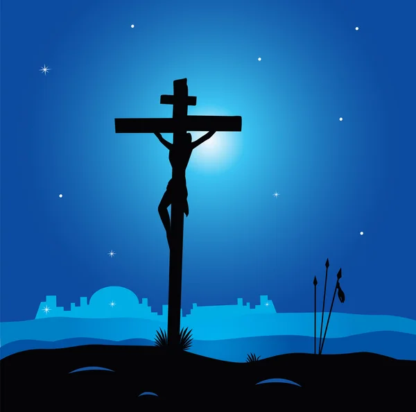 Cena calvária de Páscoa com cruz no escuro — Vetor de Stock