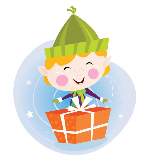 Small christmas elf with present — Stock Vector