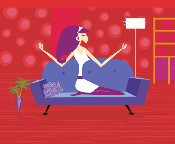 Meditation - kvinna är det lugnt på soffan — Stock vektor