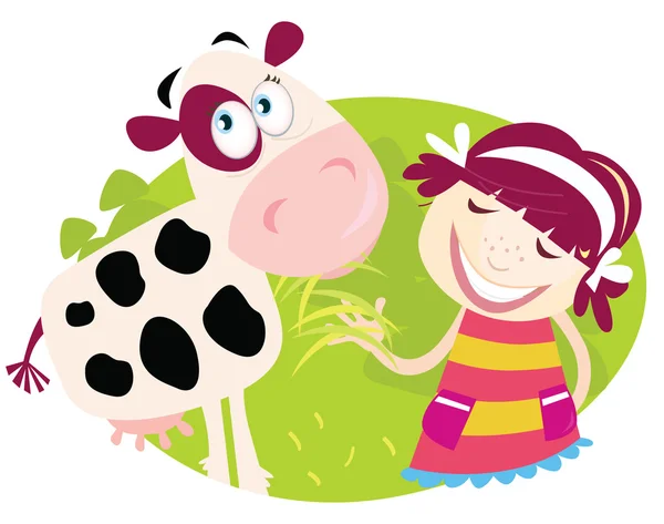 Фермерская девочка с коровой — стоковый вектор