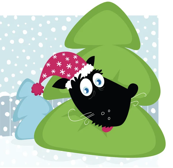 Divertido perro dentro del árbol de Navidad — Vector de stock