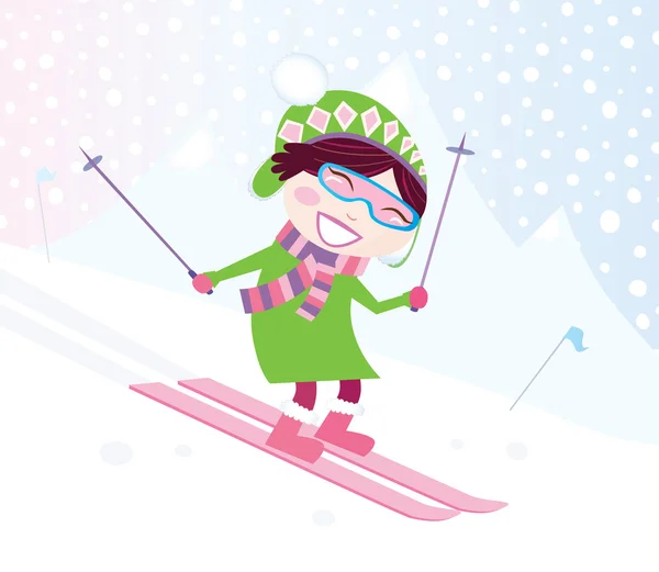 Menina de esqui na colina nevada — Vetor de Stock