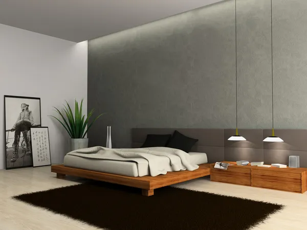 Interior del dormitorio moderno 3D renderizado — Foto de Stock