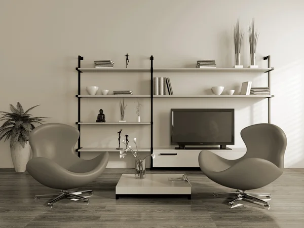 Modern interieur (sepia) met fauteuils — Stockfoto
