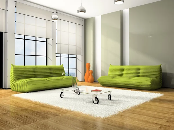 Nowoczesne wnętrza z zielonej kanapy — Zdjęcie stockowe