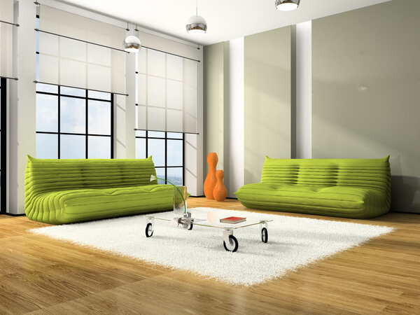 Modern interior with green sofas