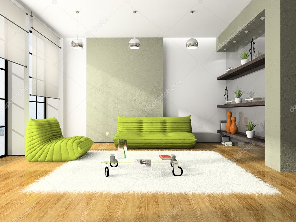 Modern interior with green sofas