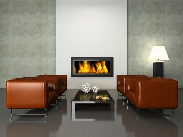 Modern interior with fireplace — Stock Photo, Image