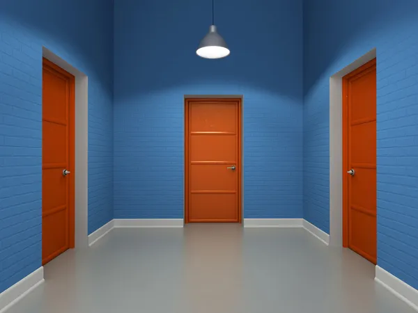 Interior com três portas vermelhas — Fotografia de Stock