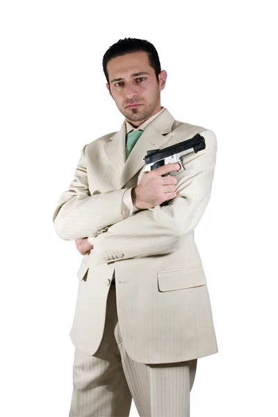 Mafia with arms crossed and a gunon hand — Stock Photo, Image
