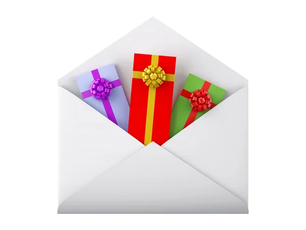Witte envelop met geschenkdozen — Stockfoto