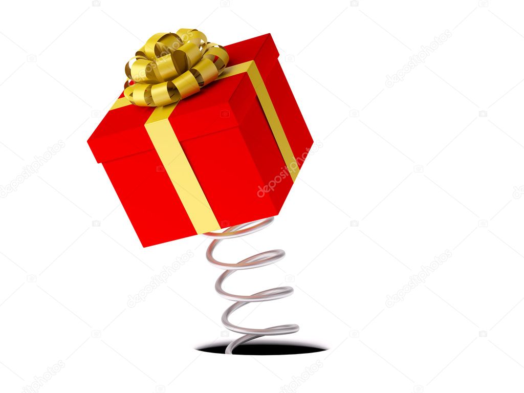 Gift with a gold ribbon on a spring