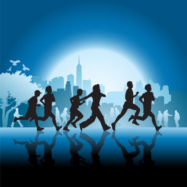 Silhouetted runners in front of city clipart