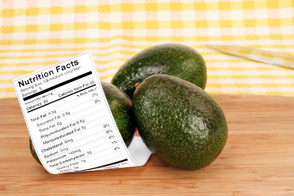 Gezonde avocado's en voedingswaarde-etiket — Stockfoto