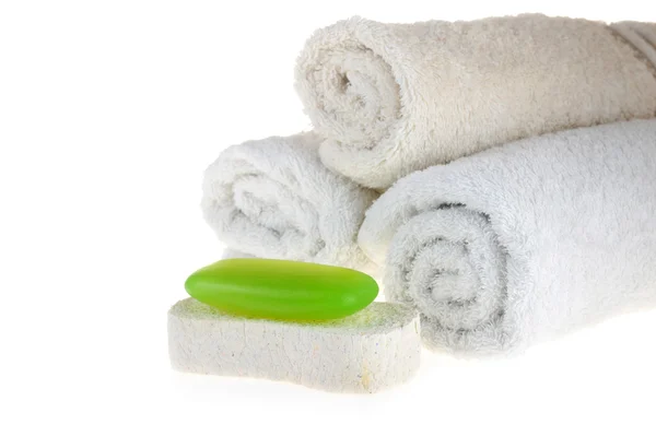 Towel and green soap — Stock Photo, Image