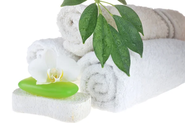 Towel and green soap — Stock Photo, Image