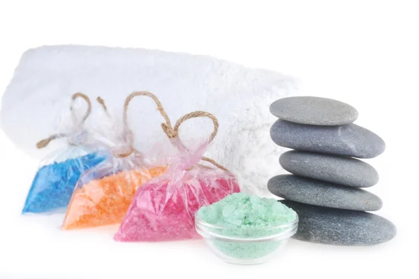 Salt for bath, towel and stones — Stock Photo, Image