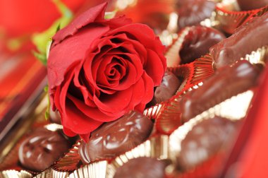 Chocolates and rose on red