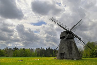 Old mill at dandelion field clipart