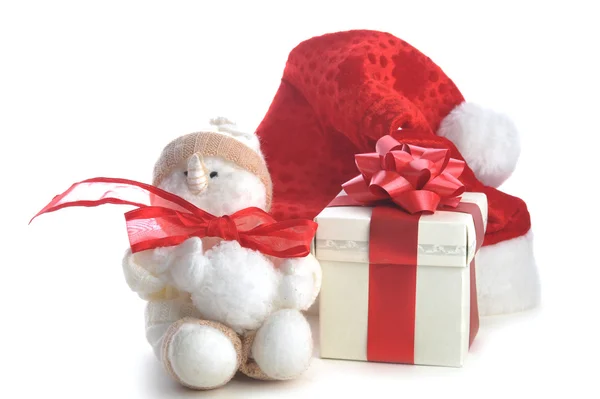 Boneco de neve e caixa de presente em branco — Fotografia de Stock