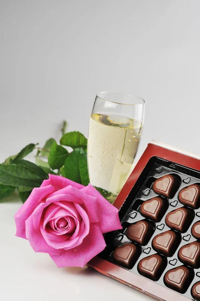 Champagner und rosa Rose — Stockfoto