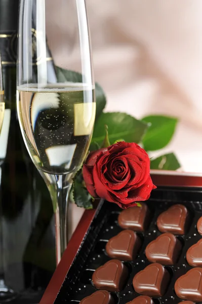 Champagner und rote Rose — Stockfoto