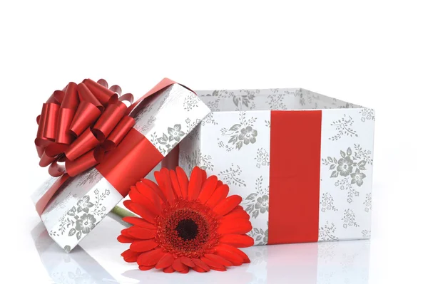 Geschenk mit Schleife und Blume — Stockfoto