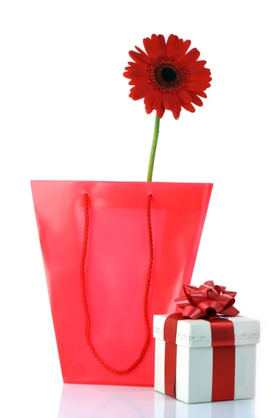 Ajándék és vörös virág — Stock Fotó