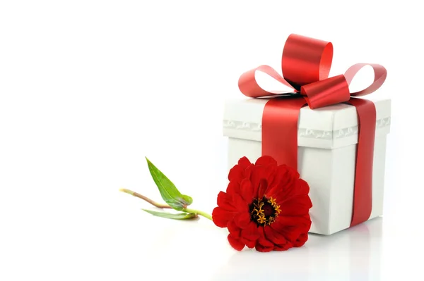 Present with red ribbon and flower — Stock Photo, Image