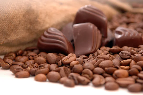 stock image Coffee beans, chocolate and bag