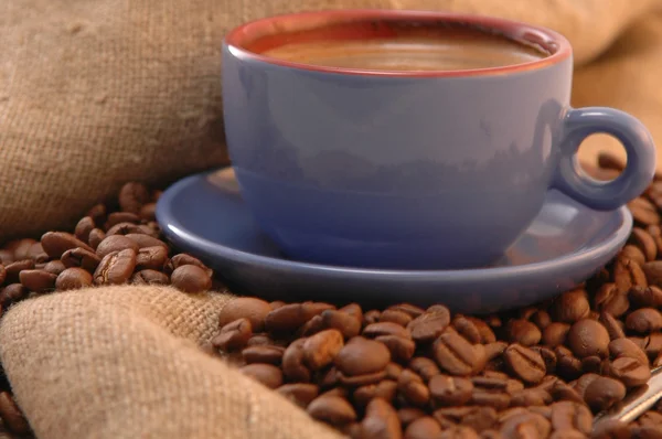 Ziarna kawy i filiżanki z kawą — Zdjęcie stockowe