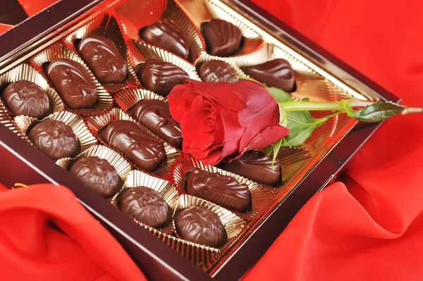 Chocolates and rose on red — Stock Photo, Image