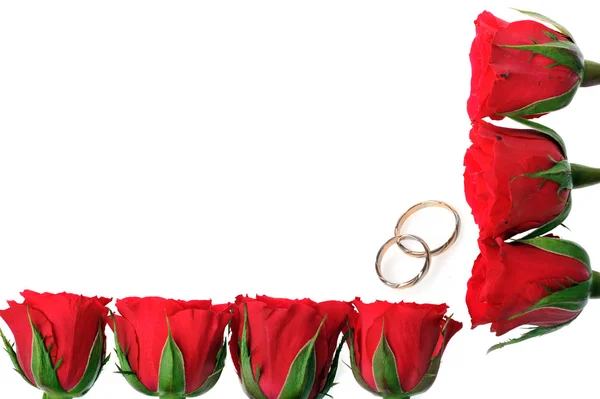 Frame made from roses and rings — Stock Photo, Image